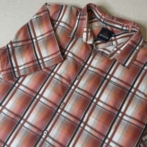 PrAna Shirt Mens X-Large Dark Orange Black Plaid Casual Outdoor Hiking Button Up